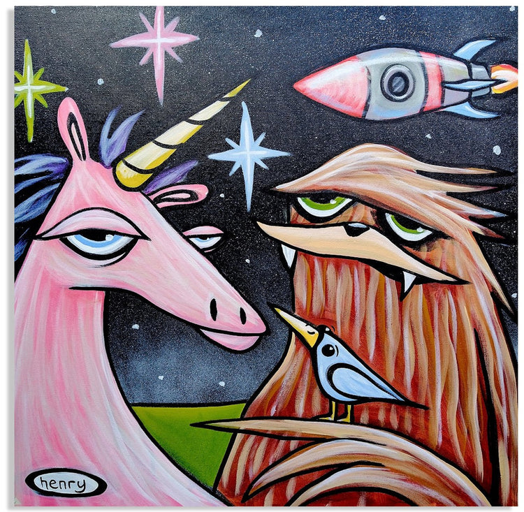 Unicorn, Sasquatch and Rocket Canvas Giclee Print