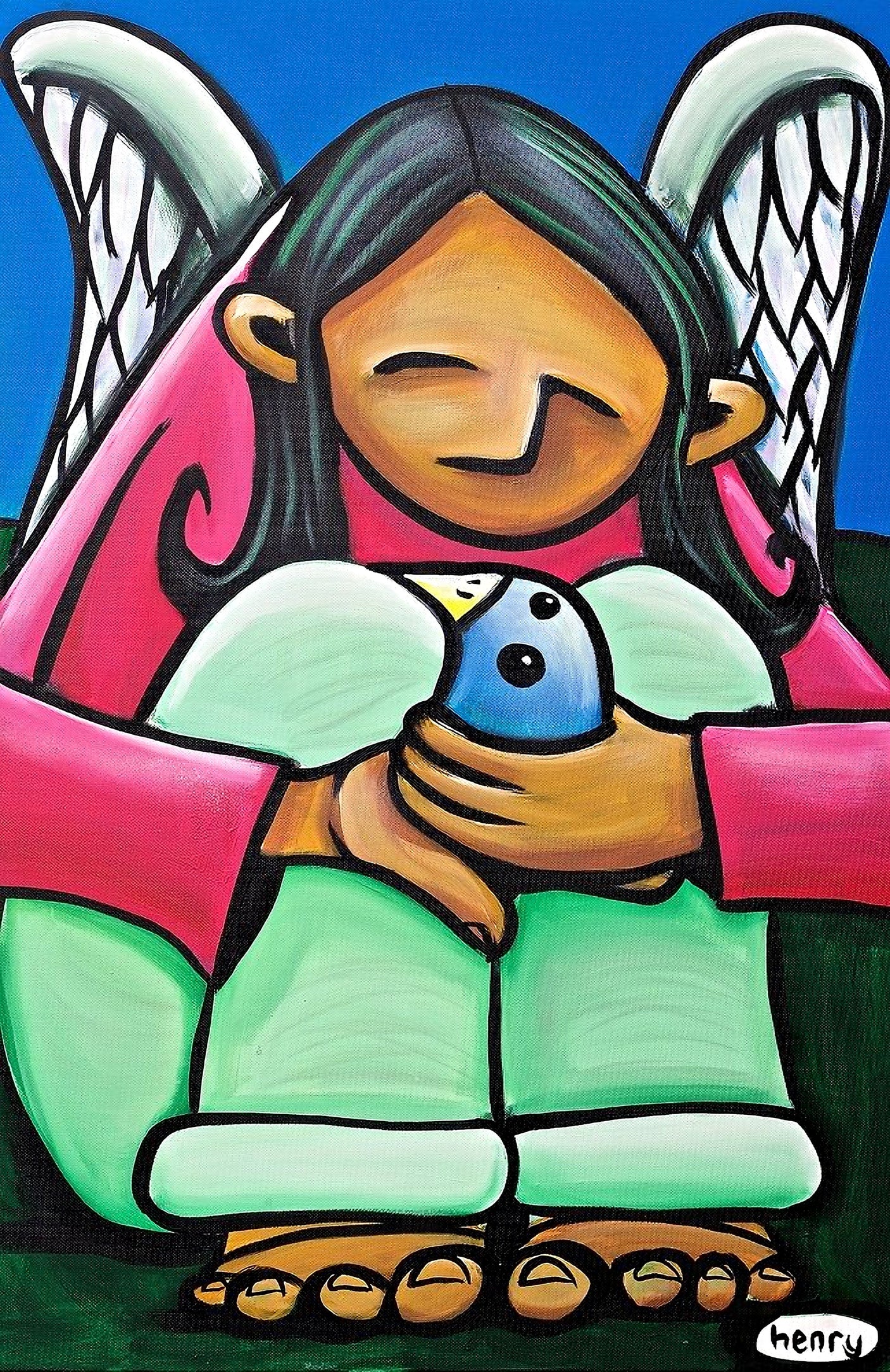 A colorful painting depicting a young girl with long dark hair, wearing a pink dress and holding a blue bird.