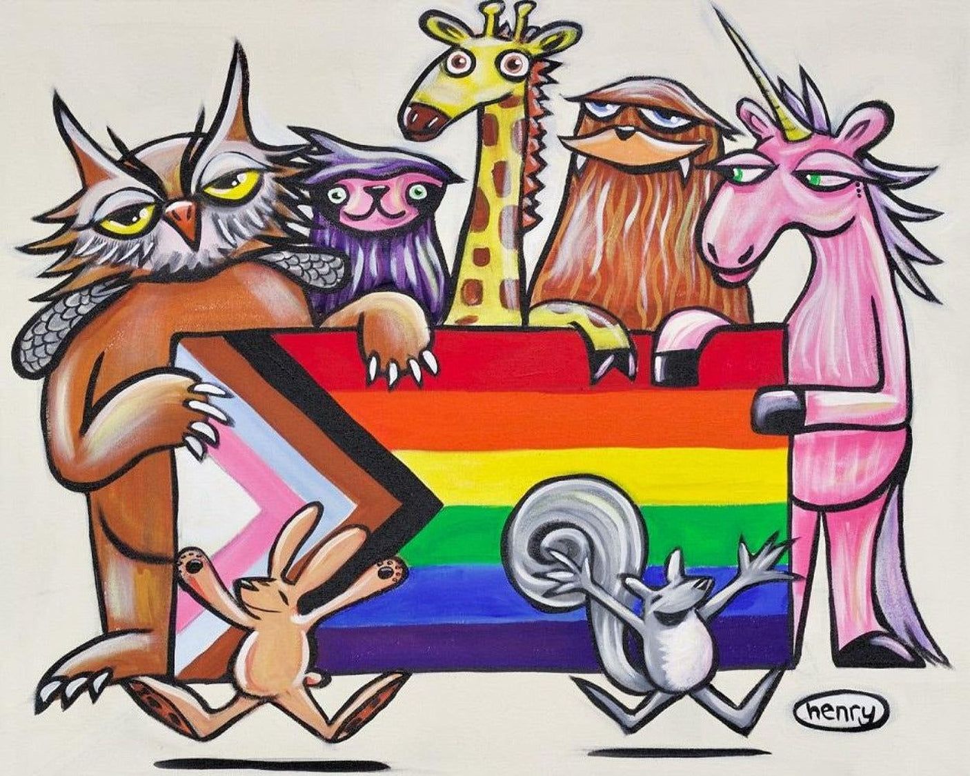 A group of colorful cartoon animals, including a giraffe, owl, unicorn, rabbit, and squirrel, are holding a rainbow flag.