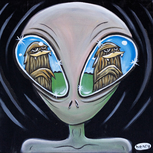 Alien Eyeing Sasquatch Canvas Giclee Print Featuring Original Art by Seattle Mural Artist Ryan Henry Ward