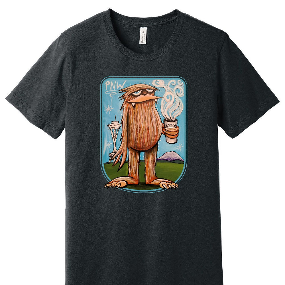 Sasquatch with Coffee in Seattle Dark Heathered Gray Unisex T-Shirt | Wearable Art by "Henry"
