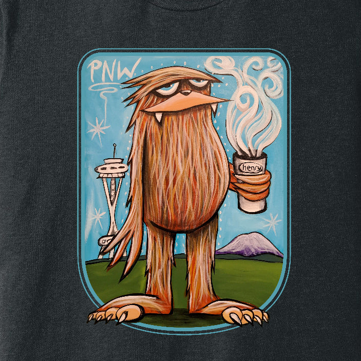 Sasquatch with Coffee in Seattle Dark Heathered Gray Unisex T-Shirt | Wearable Art by "Henry"