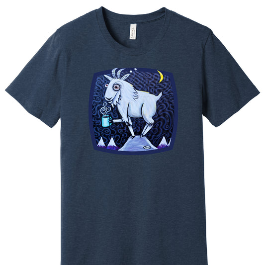 Mountain Goat with Coffee | Unisex T-Shirt | Wearable Art by "Henry"