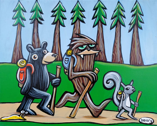 Bear, Sasquatch, Squirrel and Slug Hiking - Canvas Print