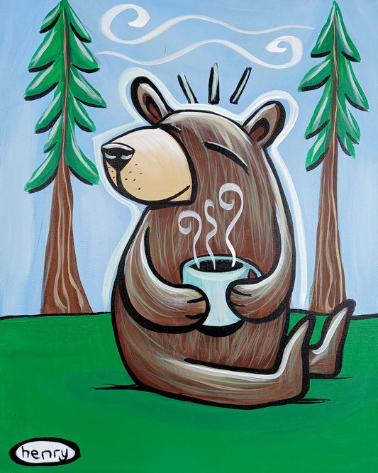 Bear with Coffee in the Woods - Canvas Print