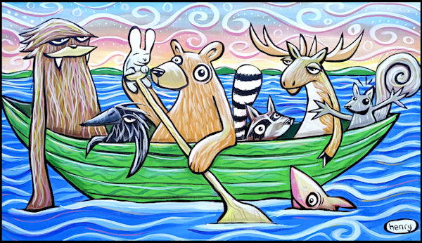 Boat Full of Critters Canvas Giclee Print Featuring Original Art by Seattle Mural Artist Ryan Henry Ward