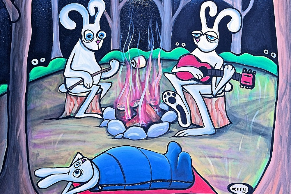 Camping Rabbits Framed Poster - Wall Art with Pine Wood Frame & Matte Finish