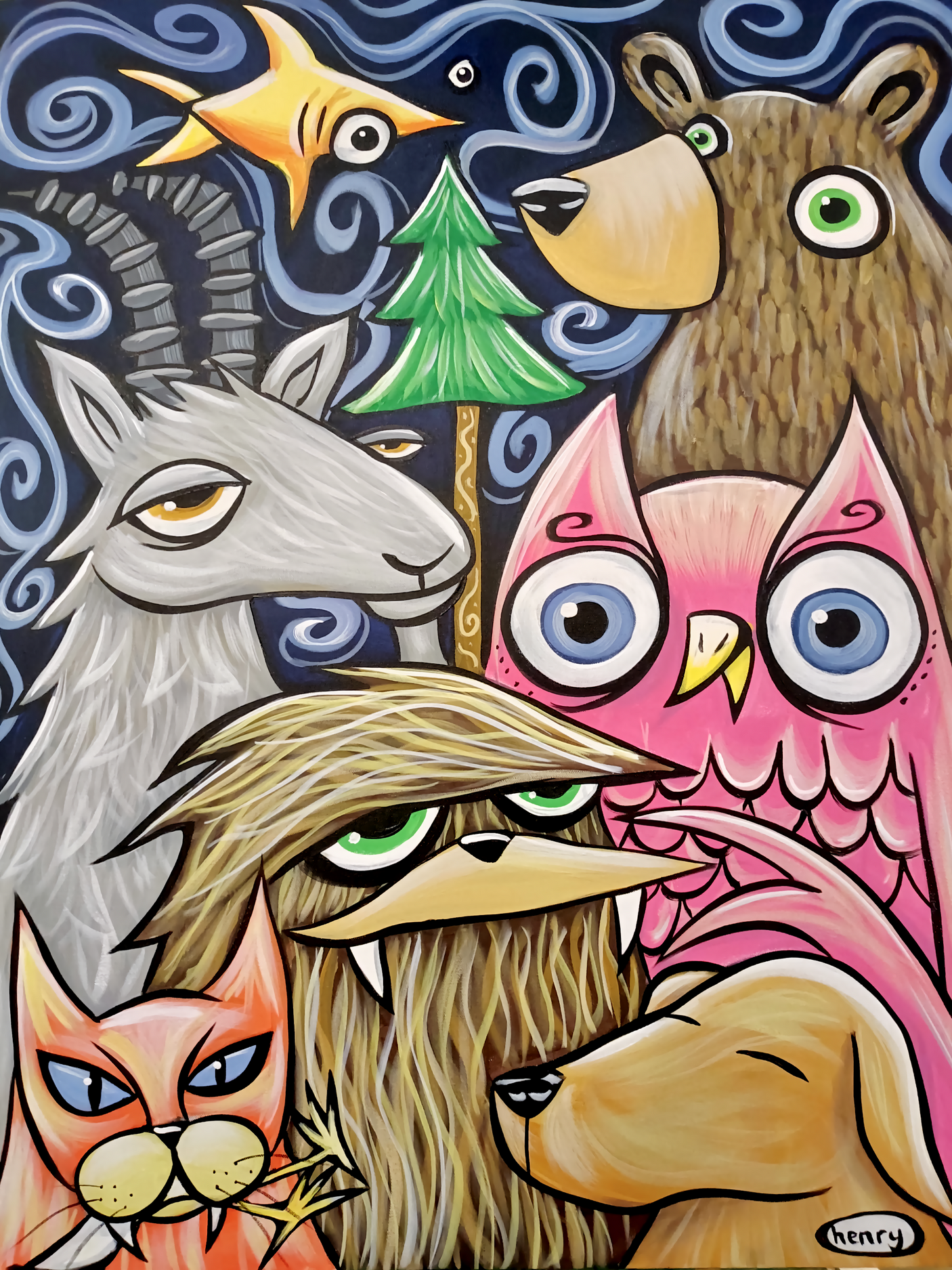 Colorful illustration of various animals with a starry night background