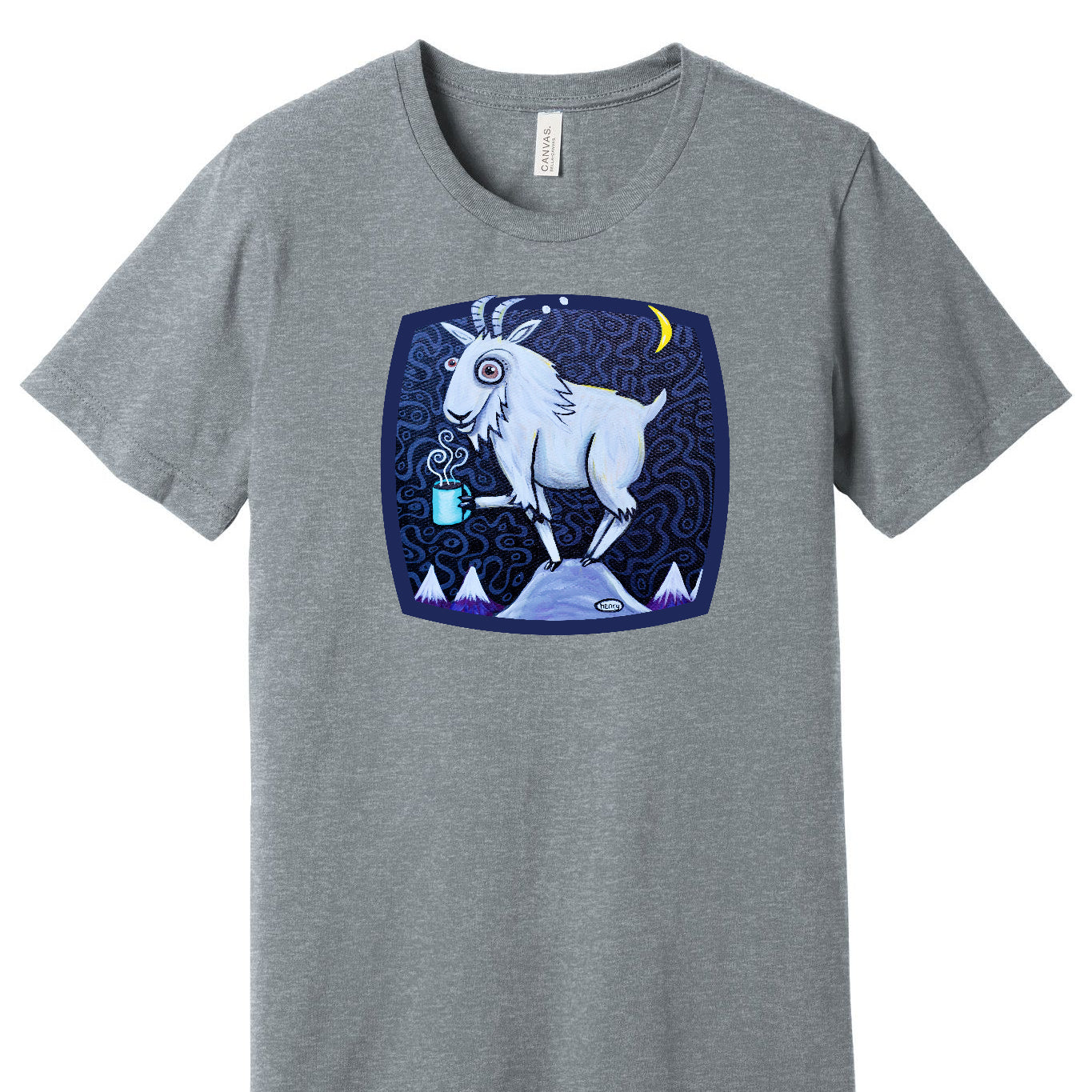 Mountain Goat with Coffee | Unisex T-Shirt | Wearable Art by "Henry"
