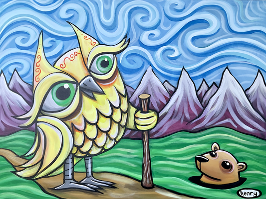 Colorful illustration of an owl and a bear with mountainous background