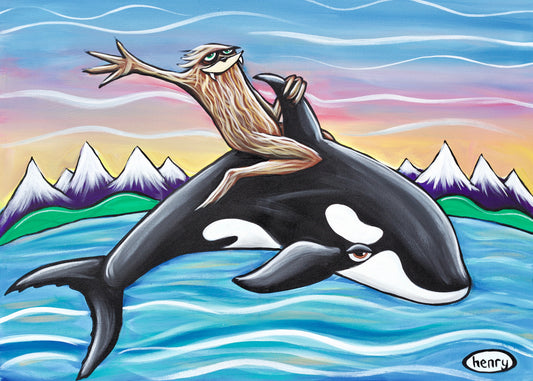 Sasquatch Riding an Orca - Mounted Framed Poster