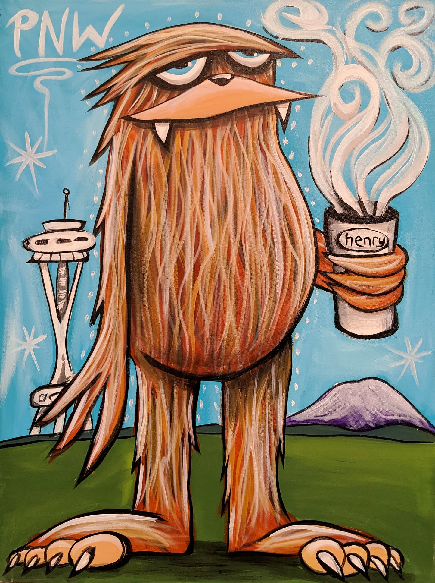 Sasquatch with Coffee in Seattle - Canvas Print