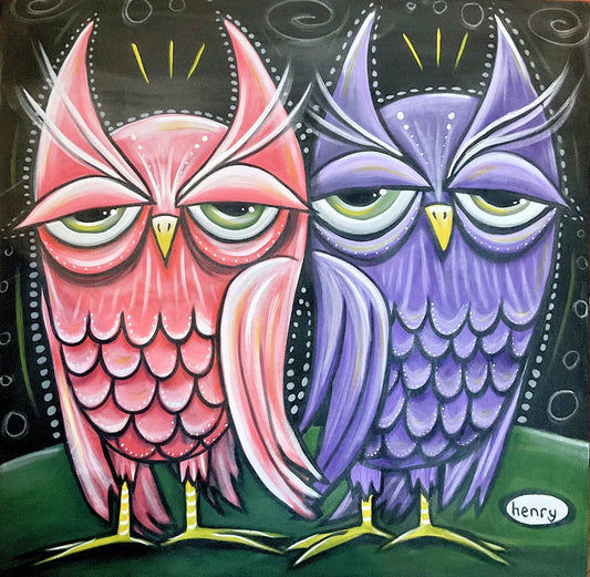 Two Sleepy Owls Giclee Print Art Poster for wall decor features Original Painting by Seattle Mural Artist Henry