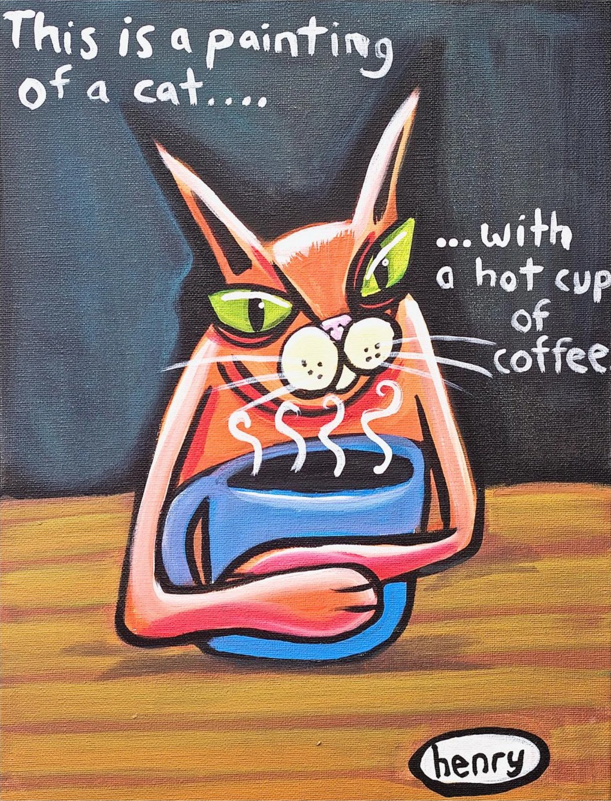 Painting of a Cat with Coffee - Mounted Framed Poster