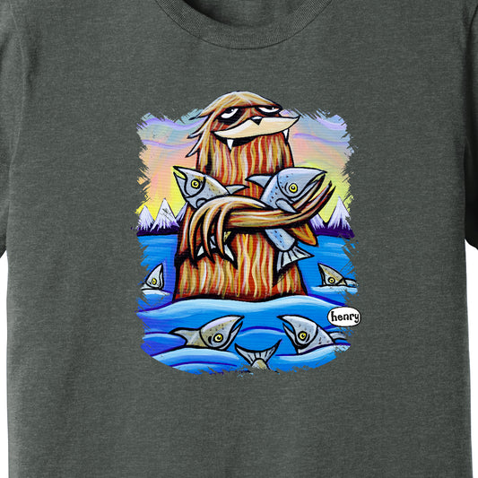 Sasquatch Hugging Salmon Dark Heathered Gray Unisex T-Shirt | Wearable Art by Seattle Mural Artist Ryan "Henry" Ward