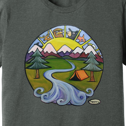Tenting Dark Heathered Gray Unisex T-Shirt | Wearable Art by Seattle Mural Artist Ryan "Henry" Ward