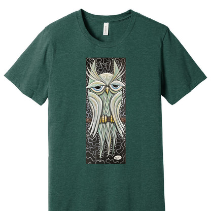 Green Owl Unisex Heathered Green T-Shirt | Wearable Art by Seattle Mural Artist Ryan "Henry" Ward