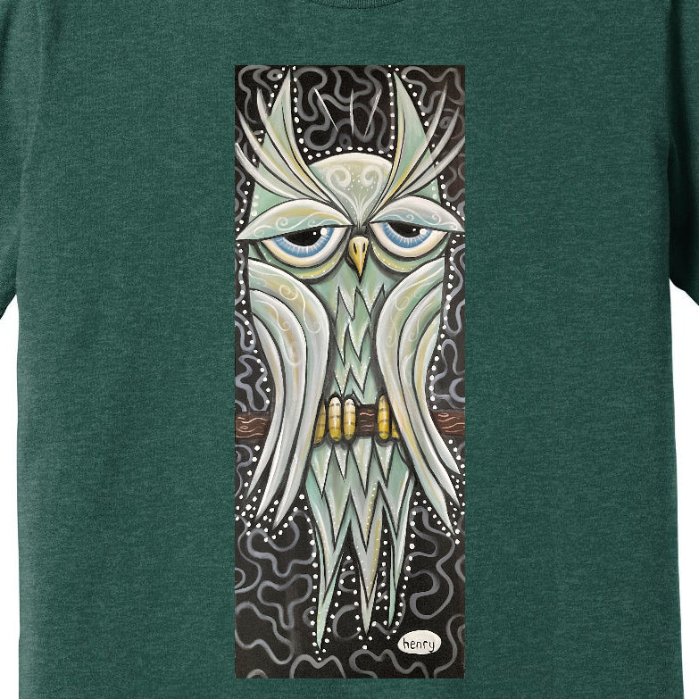 Green Owl Unisex Heathered Green T-Shirt | Wearable Art by Seattle Mural Artist Ryan "Henry" Ward