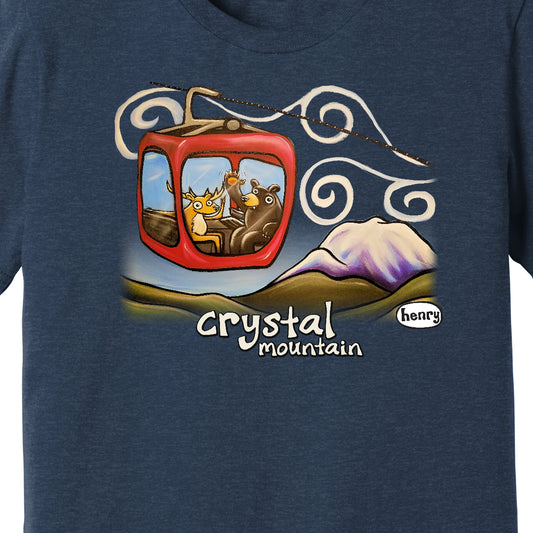 Gondola Fun at Crystal Mountain Unisex Heathered Navy T-Shirt | Wearable Art by Seattle Mural Artist Ryan "Henry" Ward