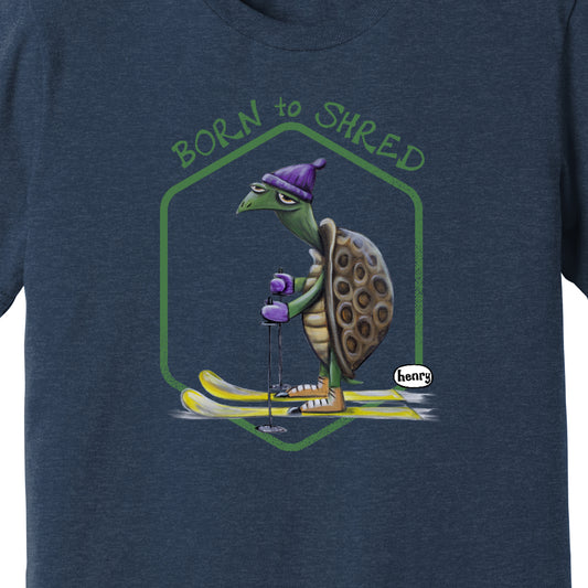 Turtle Skiing - "Born to Shred" Heathered Navy Unisex T-Shirt | Wearable Art by Seattle Mural Artist Ryan "Henry" Ward