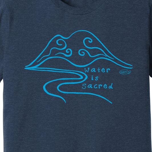 Water is Sacred Heathered Navy Unisex T-Shirt | Wearable Art by Seattle Mural Artist Ryan "Henry" Ward