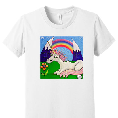 Unicorn Under the Rainbow White Youth T-Shirt | Wearable Art by Seattle Mural Artist Ryan "Henry" Ward