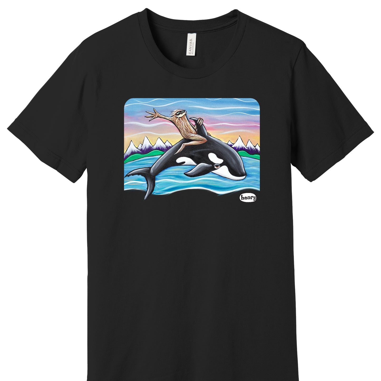 Sasquatch Riding an Orca Black Unisex T-Shirt | Wearable Art by Seattle Mural Artist Ryan "Henry" Ward