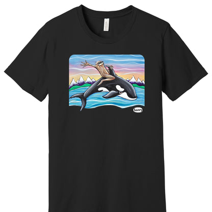 Sasquatch Riding an Orca Black Youth T-Shirt | Wearable Art by Seattle Mural Artist Ryan "Henry" Ward