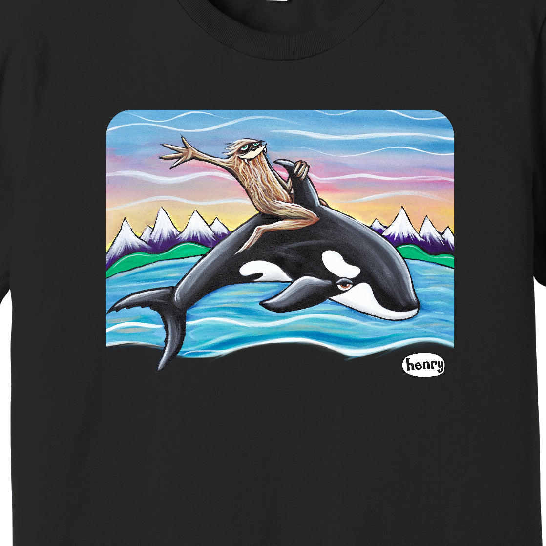 Sasquatch Riding an Orca Black Youth T-Shirt | Wearable Art by Seattle Mural Artist Ryan "Henry" Ward