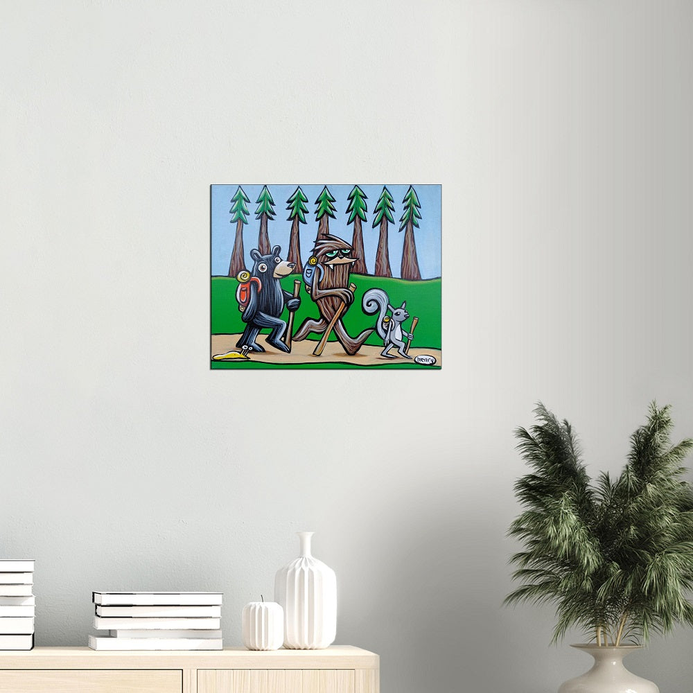 Bear, Sasquatch, Squirrel and Slug Hiking Canvas Giclee Print Featuring Original Art by Seattle Mural Artist Ryan Henry Ward