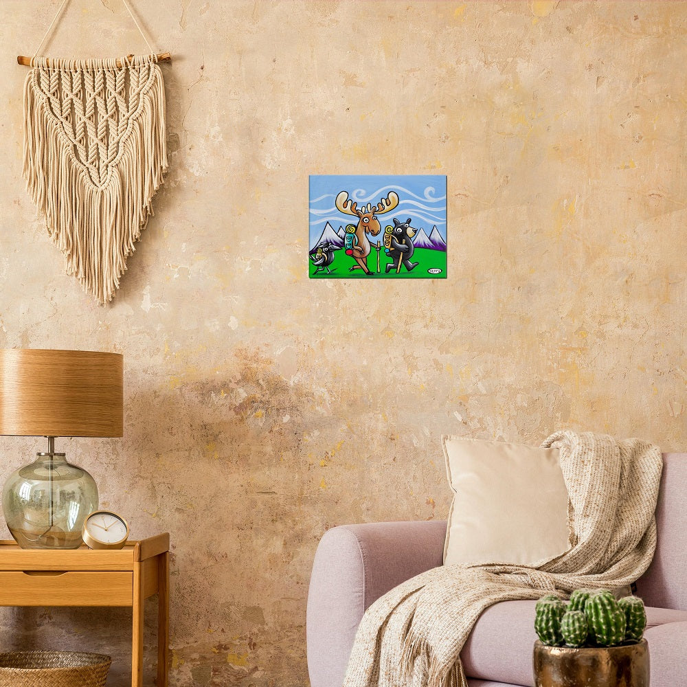 Bear, Moose and Raven Hiking Canvas Giclee Print Featuring Original Art by Seattle Mural Artist Ryan Henry Ward