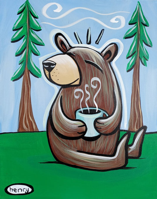 Bear with Coffee in the Woods Canvas Giclee Print Featuring Original Art by Seattle Mural Artist Ryan Henry Ward