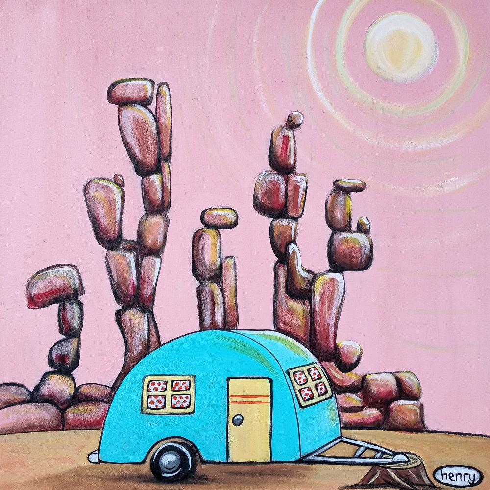 Camper in the Desert - Framed Canvas Print