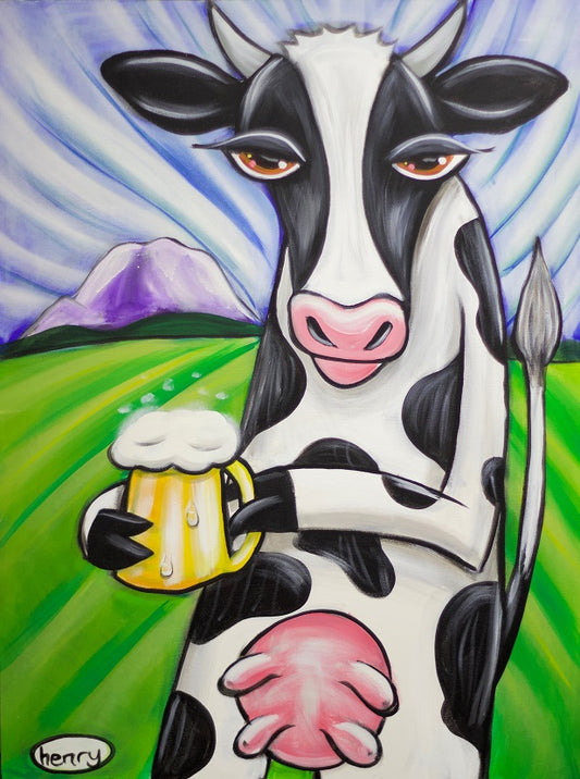 Cow with Beer Canvas Giclee Print Featuring Original Art by Seattle Mural Artist Ryan Henry Ward