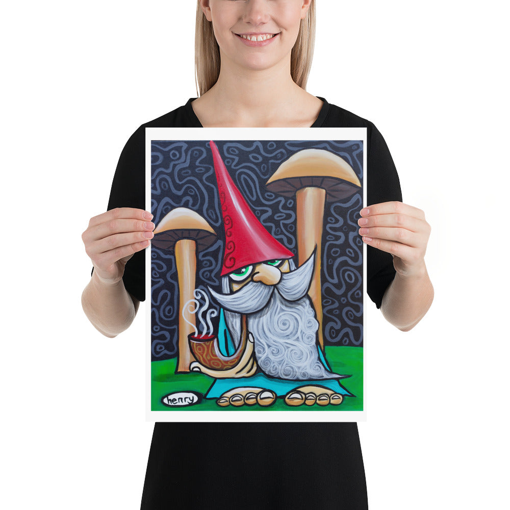 Gnome with Mushrooms Giclee Print Art Poster for Wall Decor features Original Painting by Seattle Mural Artist Henry