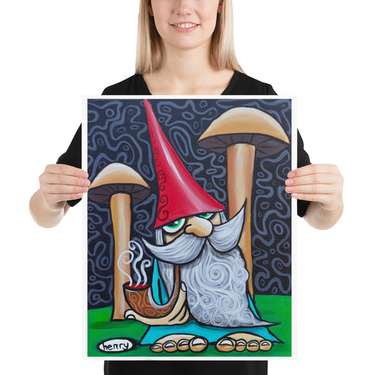 Gnome with Mushrooms Giclee Print Art Poster for Wall Decor features Original Painting by Seattle Mural Artist Henry