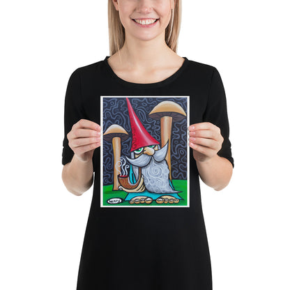 Gnome with Mushrooms Giclee Print Art Poster for Wall Decor features Original Painting by Seattle Mural Artist Henry