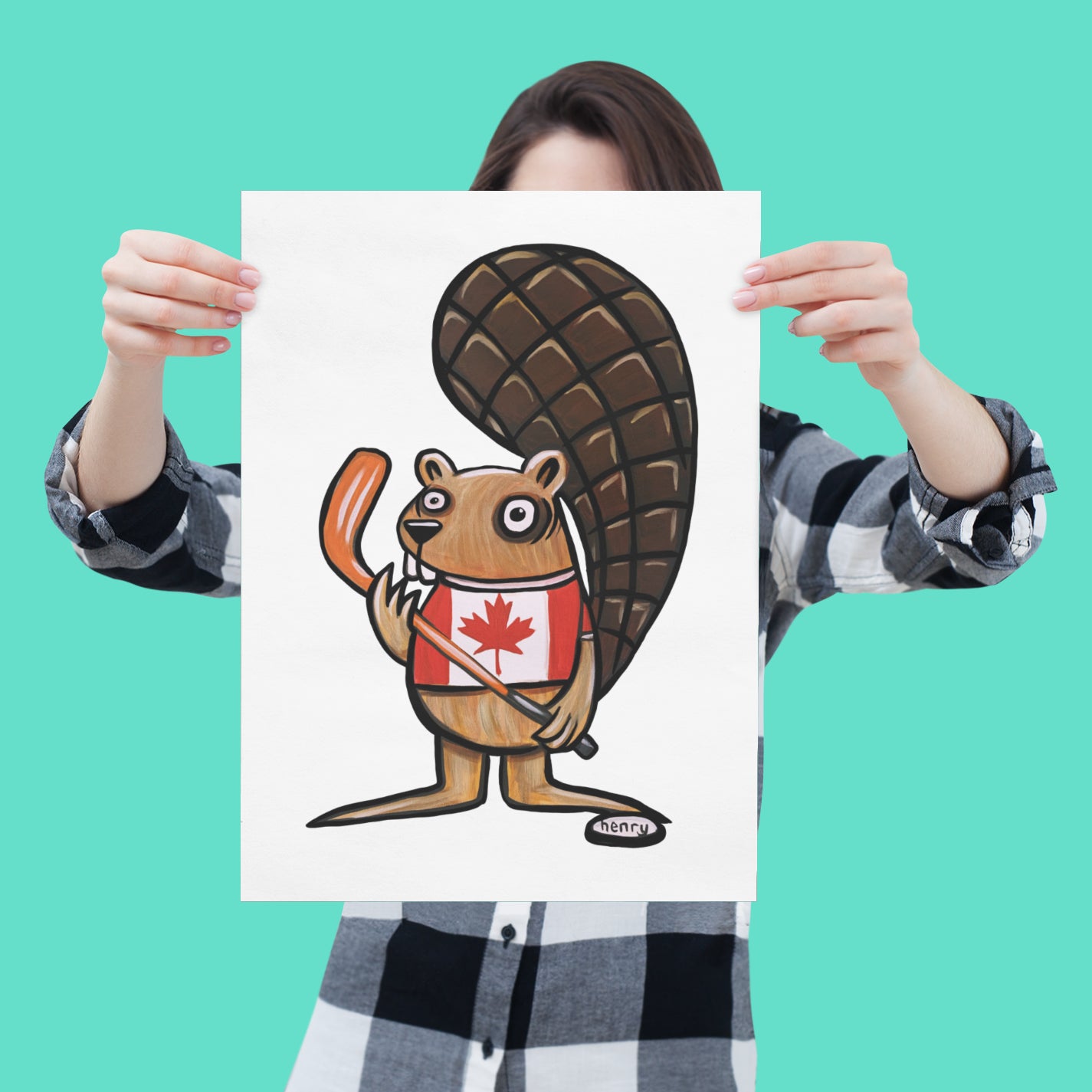Hockey Beaver Print Art Poster for wall decor features Original Painting by Seattle Mural Artist Henry