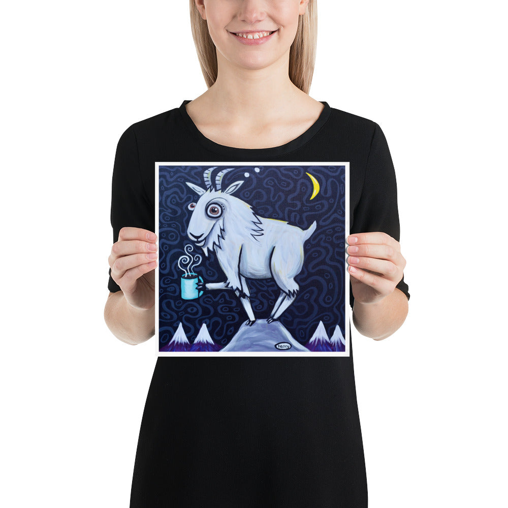 Mountain Goat with Coffee Giclee Print Art Poster for Wall Decor features Original Painting by Seattle Mural Artist Henry