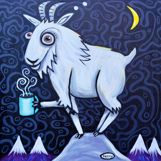 Mountain Goat with Coffee Sticker | Original Art by Seattle Mural Artist Ryan "Henry" Ward