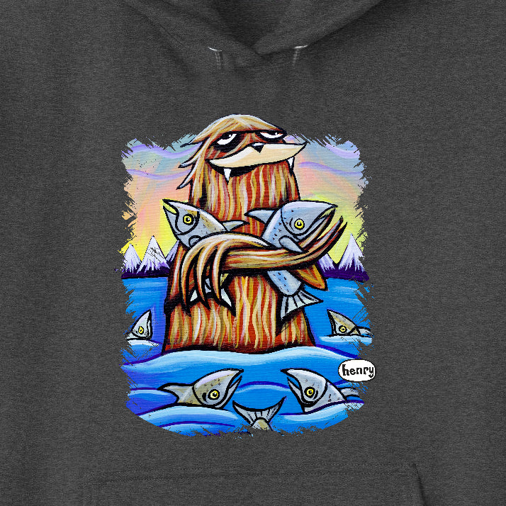 Sasquatch Hugging Salmon Dark Heathered Gray Unisex Hoodie | Wearable Art by Seattle Mural Artist Ryan "Henry" Ward