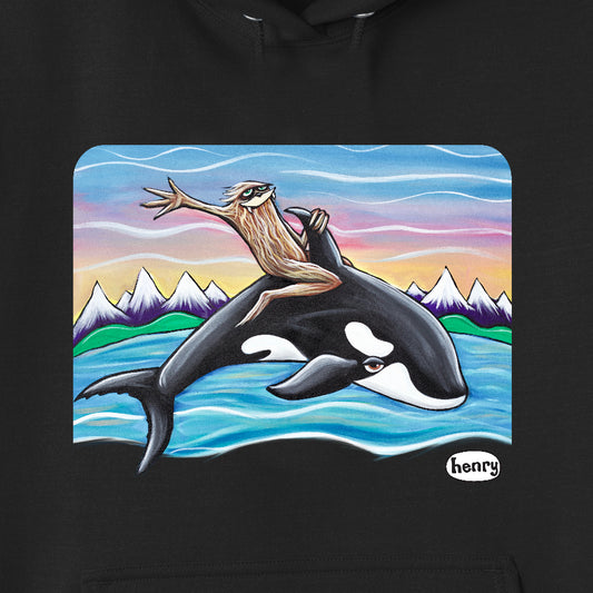Sasquatch Riding an Orca Balck Unisex Hoodie | Wearable Art by Seattle Mural Artist Ryan "Henry" Ward