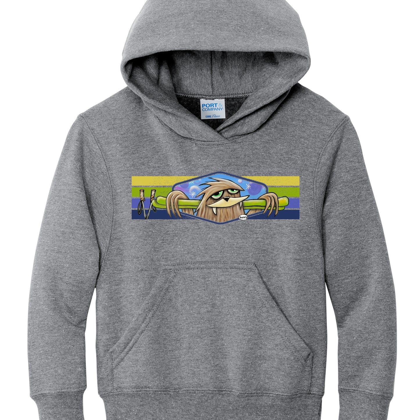 Sasquatch with Skis Light Heather Gray Youth Hoodie | Wearable Art by Seattle Mural Artist Ryan "Henry" Ward