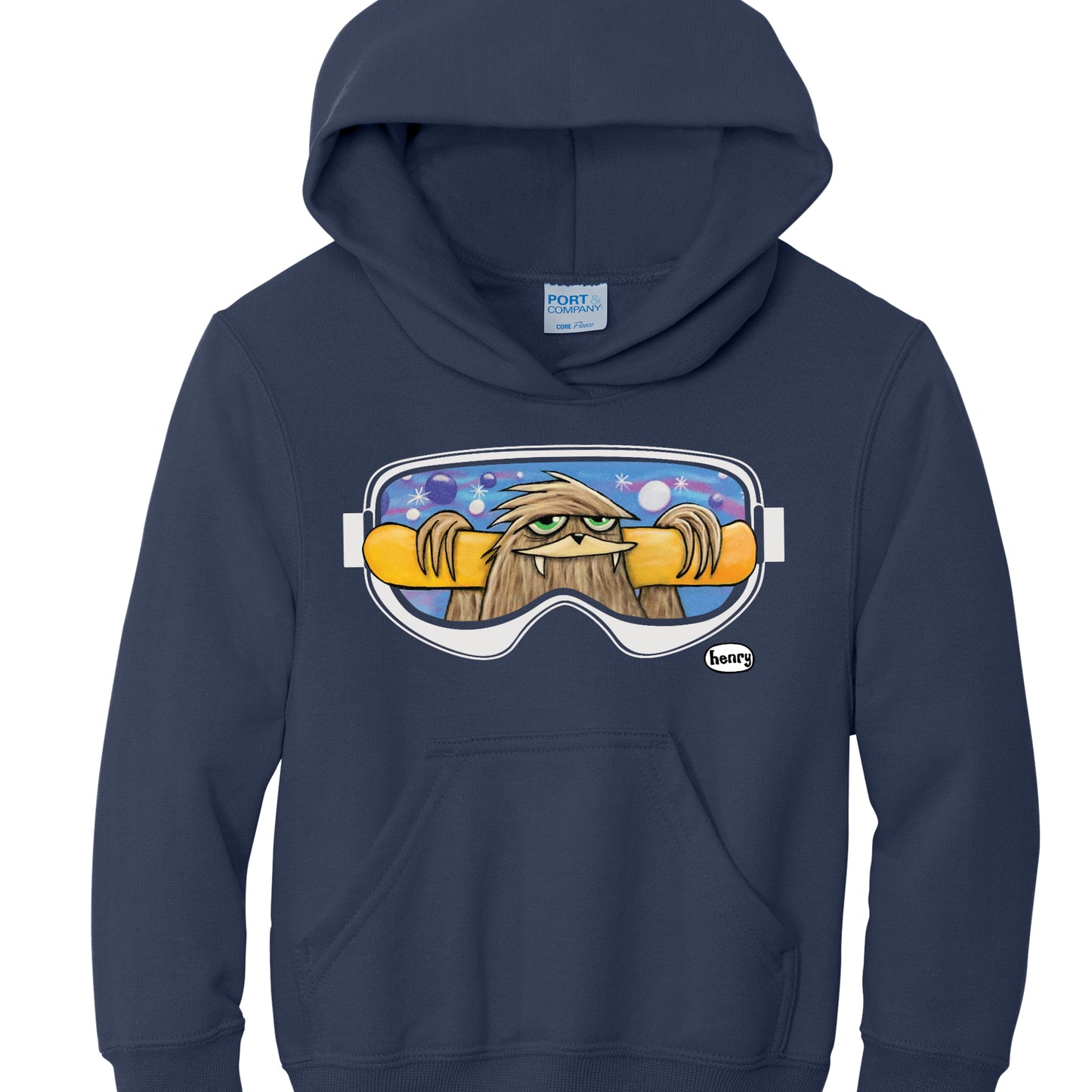 Sasquatch with Snowboard Navy Youth Hoodie | Wearable Art by Seattle Mural Artist Ryan "Henry" Ward