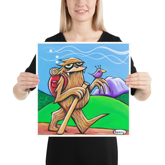 Sasquatch Hiking Giclee Print Art Poster for wall decor features Original Painting by Seattle Mural Artist Henry