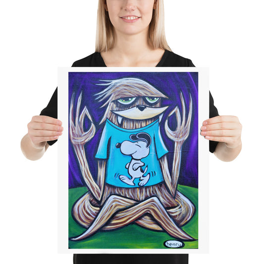 Sasquatch in Snoopy Shirt Giclée Print Art Poster for wall décor features Original Painting by Seattle Mural Artist Henry