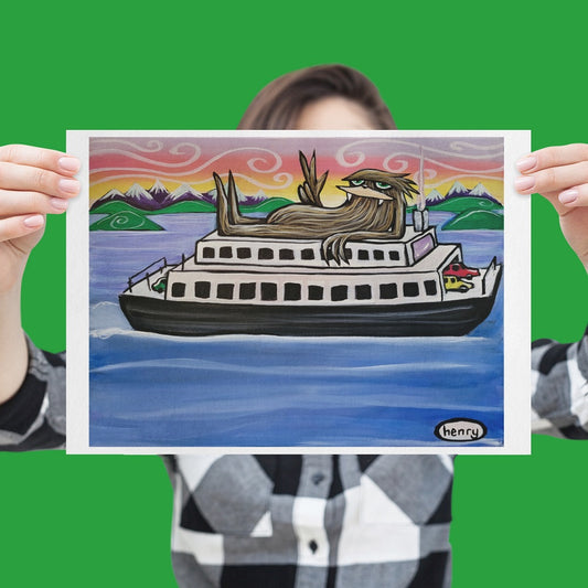 Sasquatch Riding a Ferry Giclee Print Art Poster for wall decor features Original Painting by Seattle Mural Artist Henry
