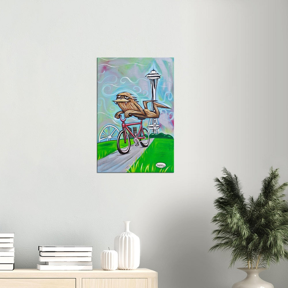 Sasquatch Riding Bike in Seattle Canvas Giclee Print Featuring Original Art by Seattle Mural Artist Ryan Henry Ward