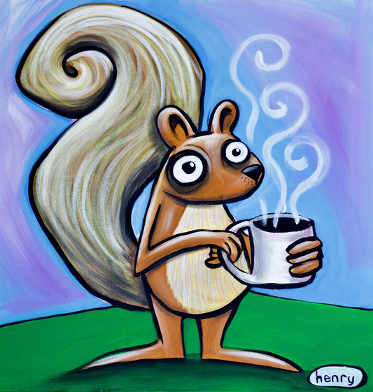 Squirrel with Coffee Canvas Giclee Print Featuring Original Art by Seattle Mural Artist Ryan Henry Ward