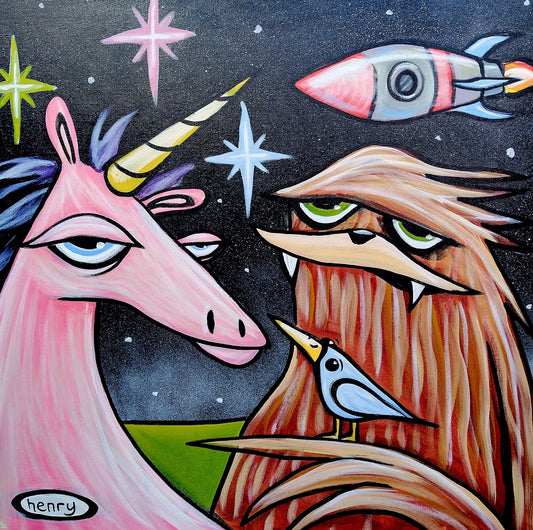 Unicorn, Sasquatch and Rocket Canvas Giclee Print Featuring Original Art by Seattle Mural Artist Ryan Henry Ward